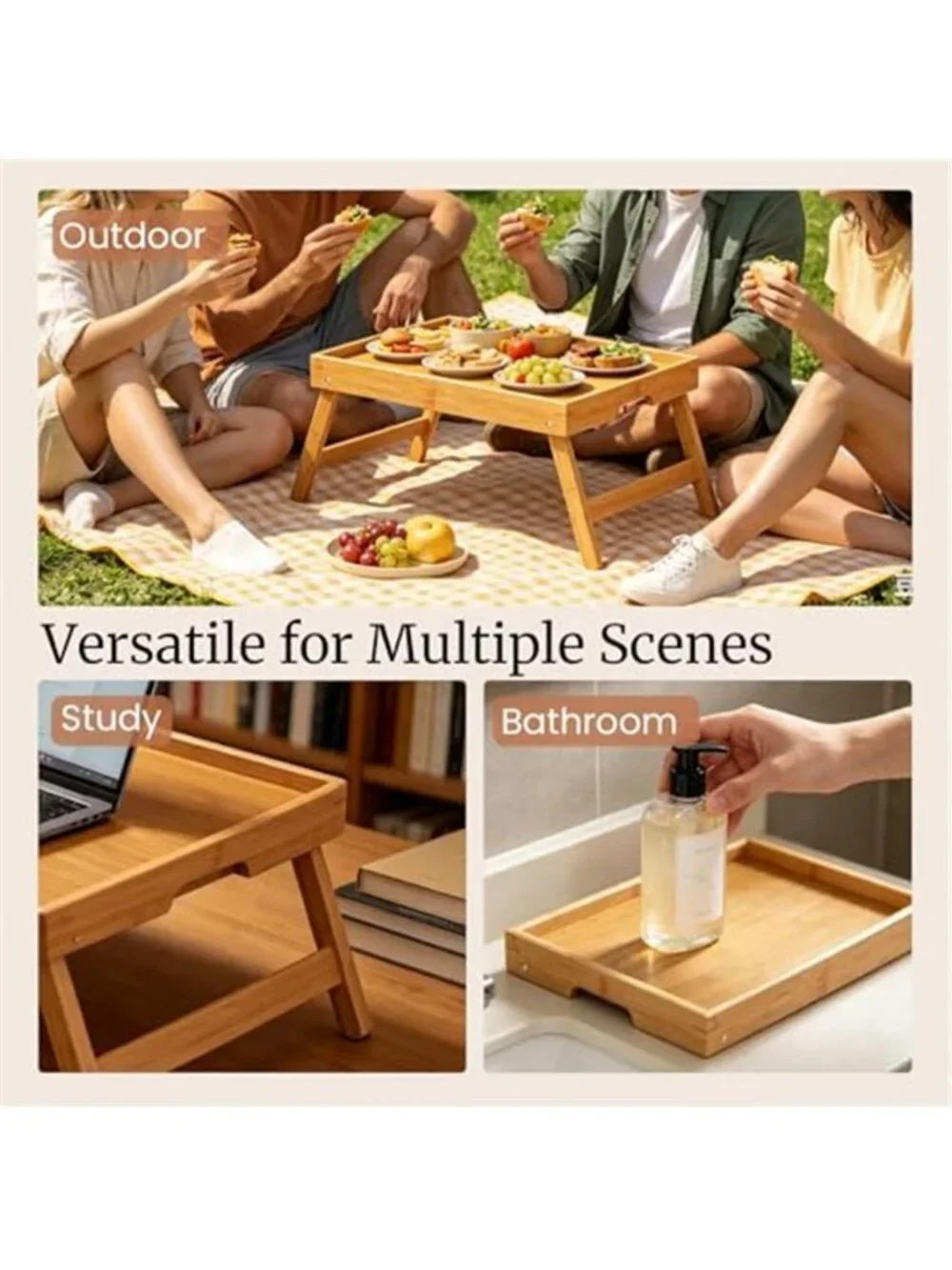 2 Pack Bamboo Bed Tray Table with Folding Legs,Breakfast Trays,Serving Tray